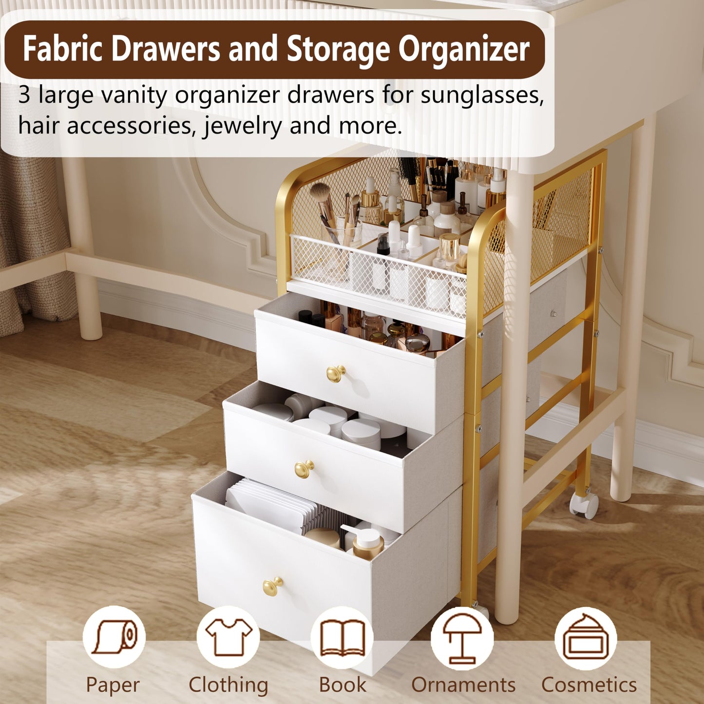 ZQUYAJ Rolling Makeup Organizer Cart with 3 Drawers, Under Desk Vanity Makeup Storage Cart, Bathroom Storage Cart Cosmetic Display Cases Cabinet for Nail Polish, Brushes & Hair Tools, Gold
