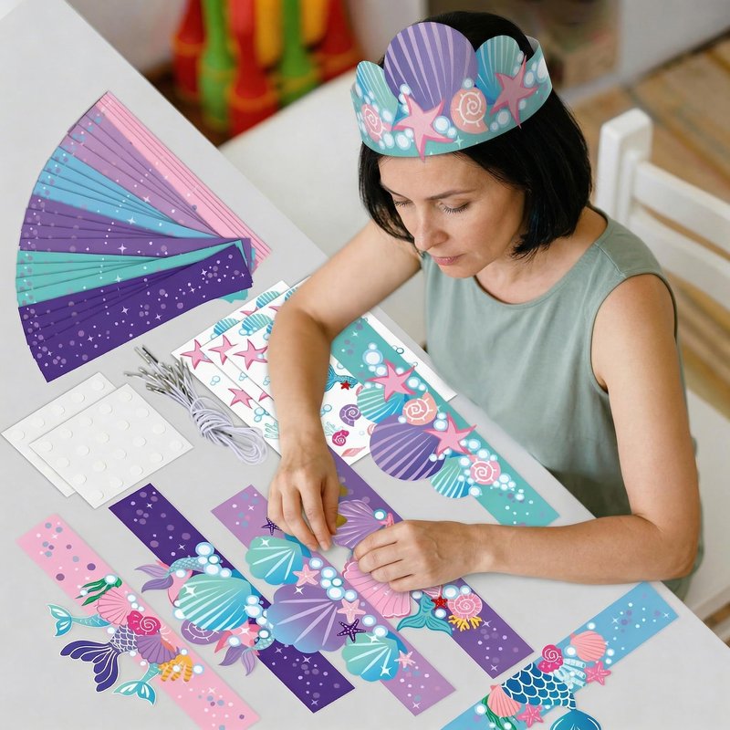 Qyeahkj 24 Pcs Mermaid Birthday Party Crowns Under the Sea Ocean DIY Crown Craft Kits Art Set Paper Mermaid Party Favor Hats Paper Princess Headband Making Kit Party Decorations Supplies for