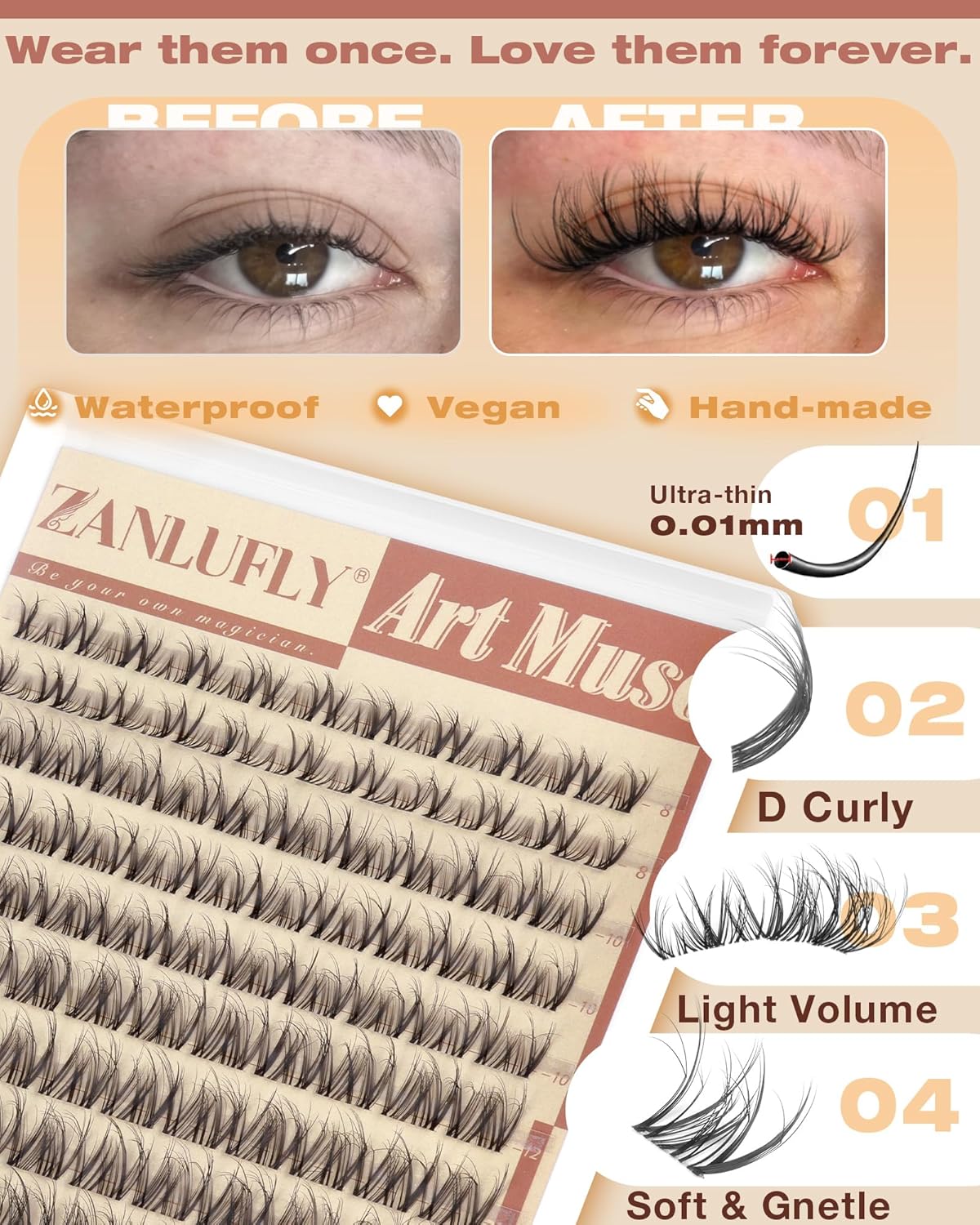 Zanlufly Spider Lash Clusters - Wispy Natural Eyelash Extensions | DIY 8-16mm Individual Lashes