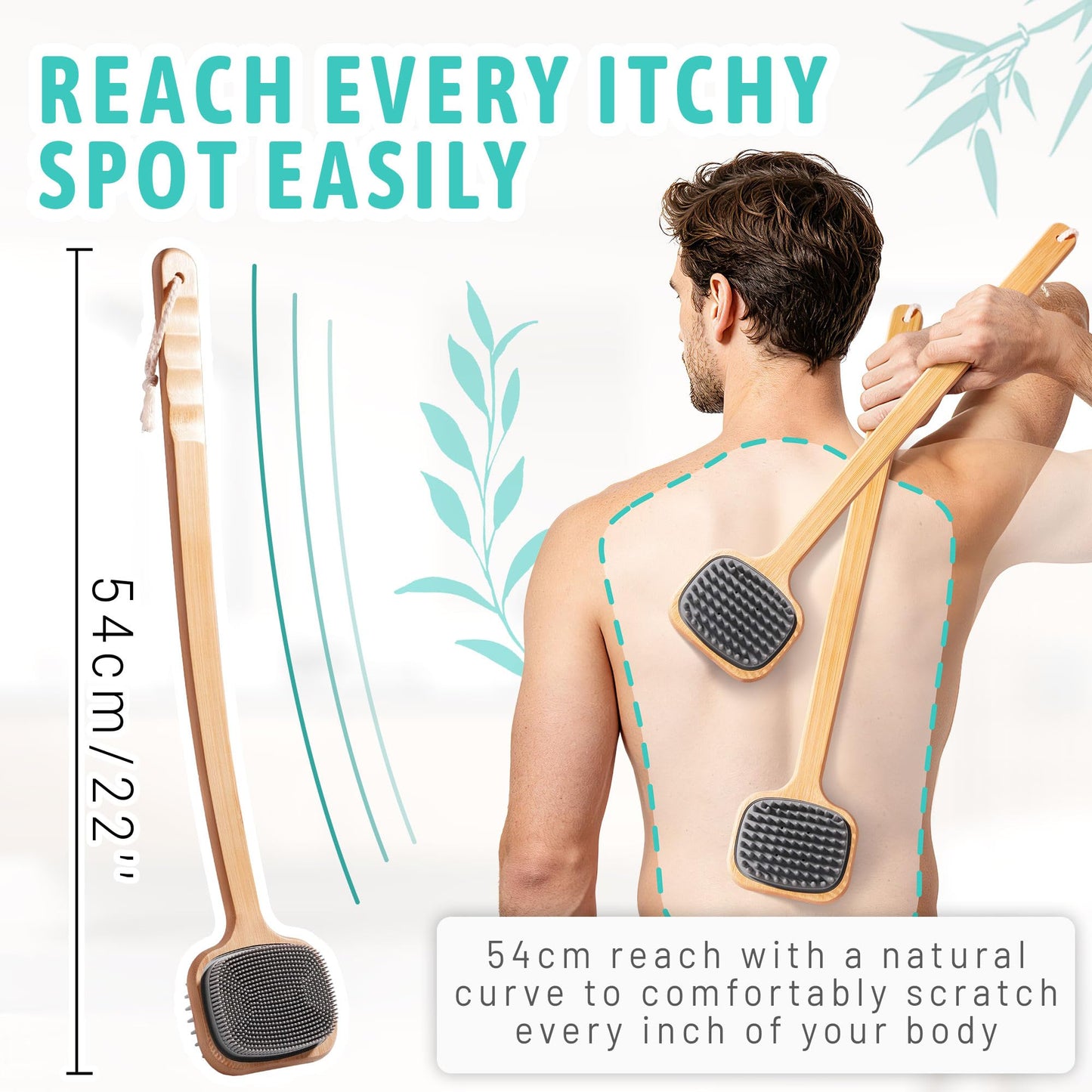 Long Handle Back Scratcher with Dual Sided Silicone Bristles, Bamboo Wood Body Brush with Hanging Loop