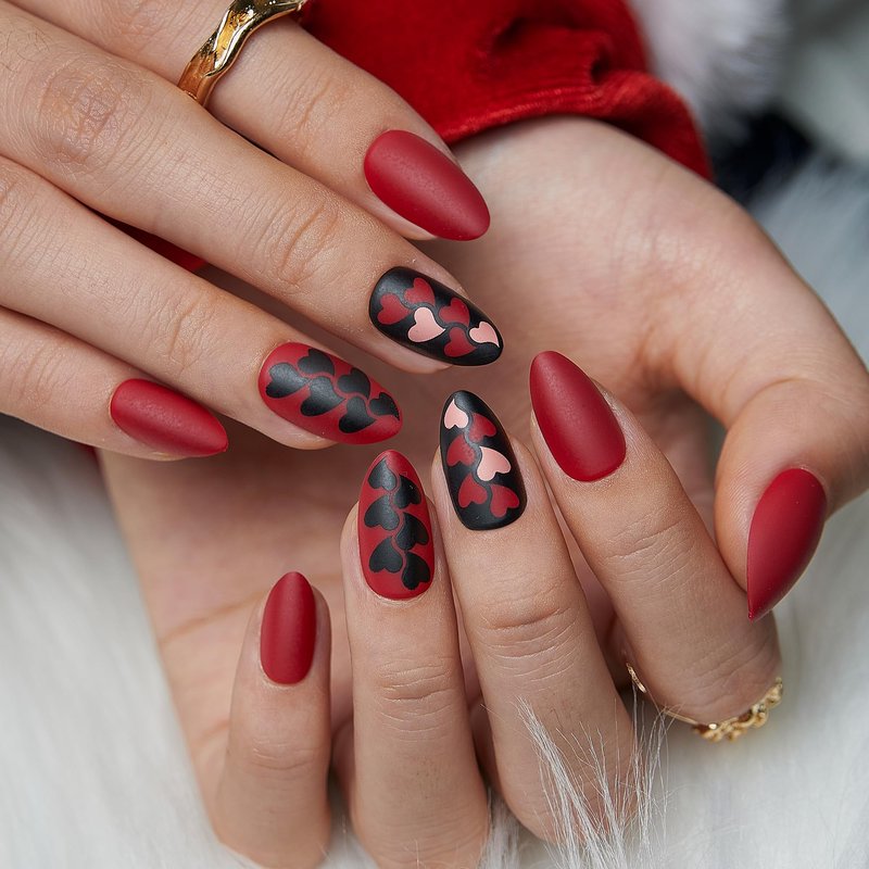CurvLife Medium Almond Press On Nails – 30Pcs Soft Gel Dark Passion Matte Red Fake Nails, Reusable Glue On Nail Kit with Adhesive Tabs, Natural Fit & Salon-Quality for Women & Girls