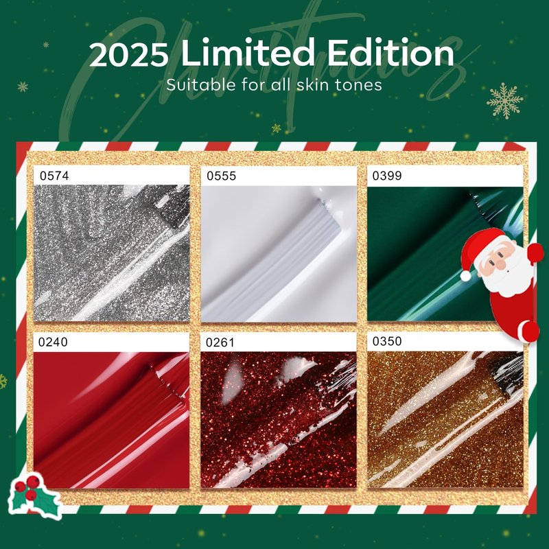 Christmas Gel Nail Polish Set - 6 Colors Winter Red Glitter, Dark Green, White, Gold & Silver | Perfect Gift for Women & Girls