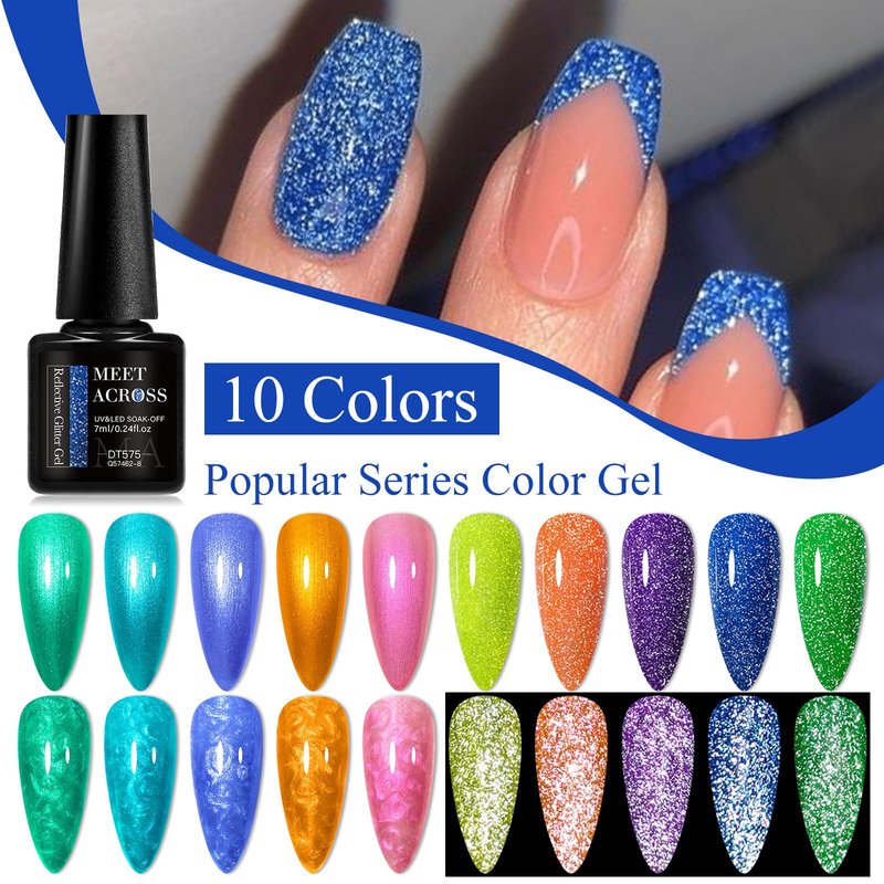 MEET ACROSS 12Pcs Gel Nail Polish Set 10 Colors Metallic Gel Polish + Reflective Glitter Neon Gel Polish, Soak Off Uv Led Nail Polish Kit with Base Top Coat Nail Gift for Her