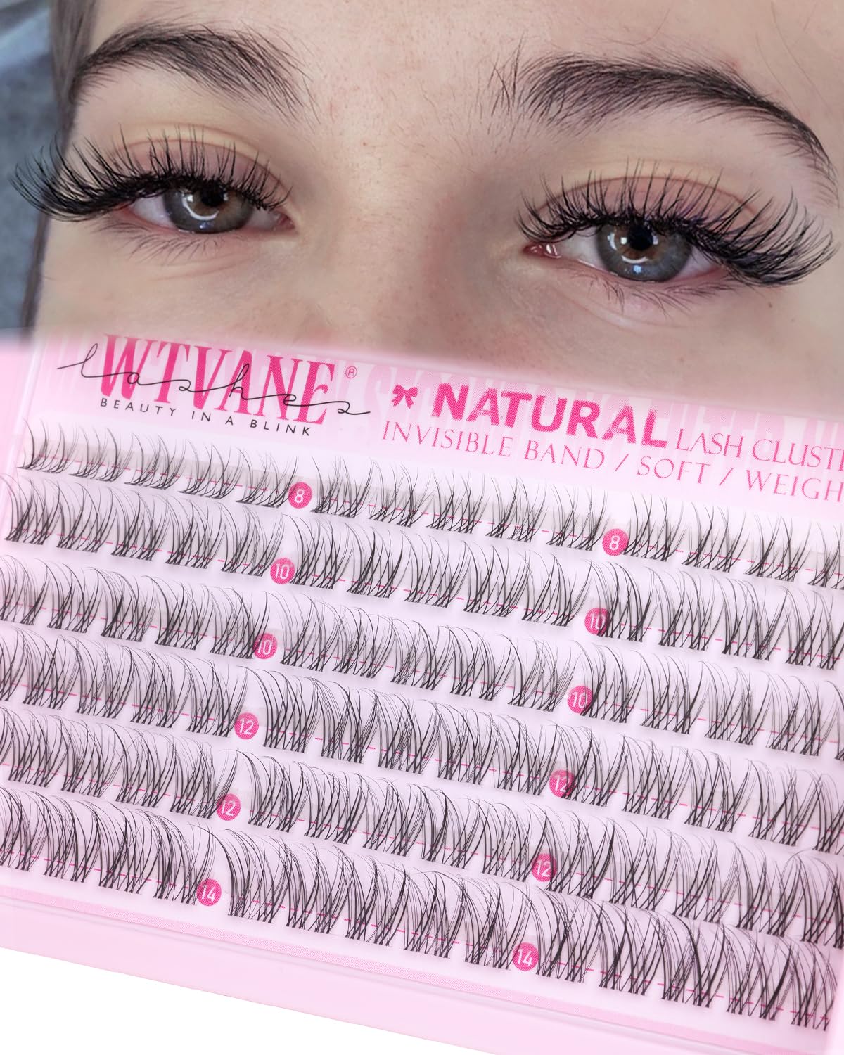 Wtvane Lash Clusters Natural 8-14mm Short Cluster Eyelash Extensions Wispy Eyelash Clusters Clear Band Lashes Clusters Pestañas Postizas Naturales C Curl Individual Lashes Extensions Natural Look