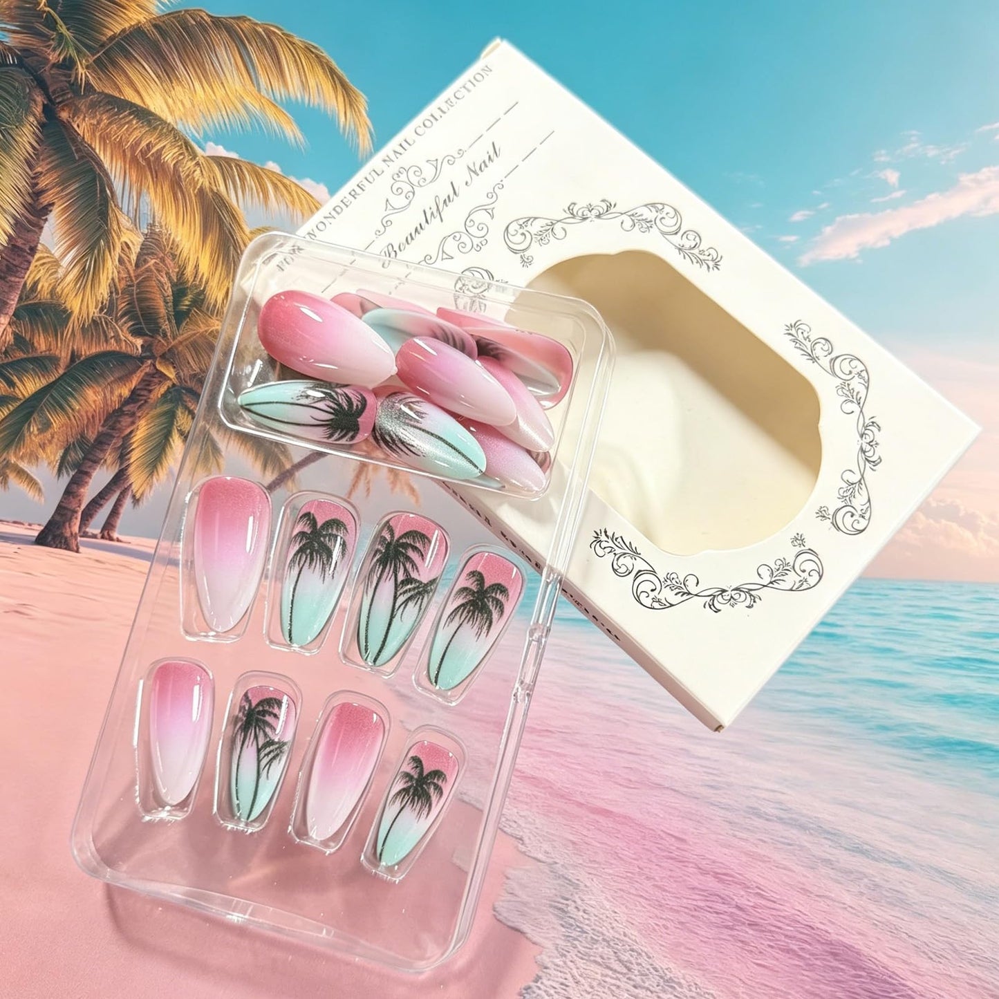 Summer Press on Nails Almond Medium Fake Nails with Pink Coconut Tree Designs Glossy Glitter Acrylic Nails Press ons, 24Pcs Reusable Stick on Nails for Women Beach Vacation Daily Wear