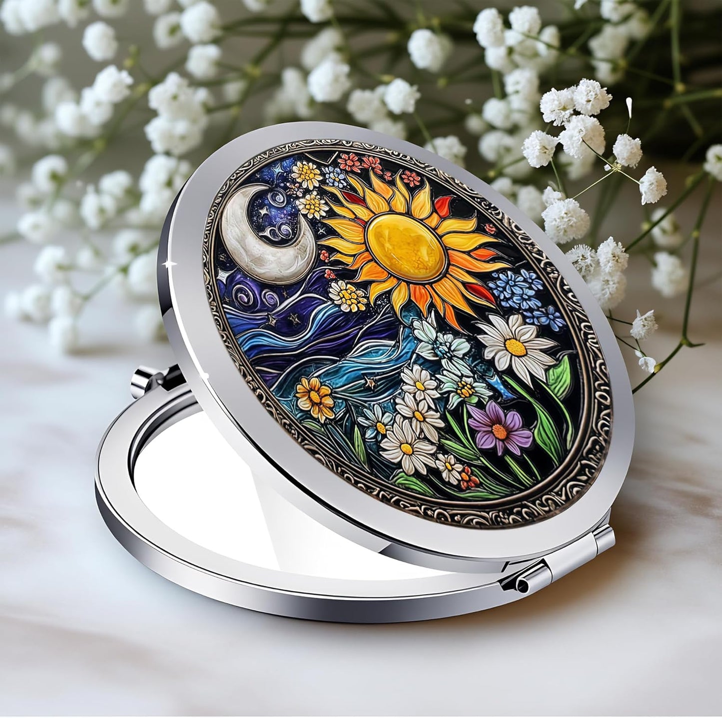 Skiennix Silver Compact Mirror - Double-Sided Folding Makeup Mirror with Floral Design | 2.8x2.8 Inch