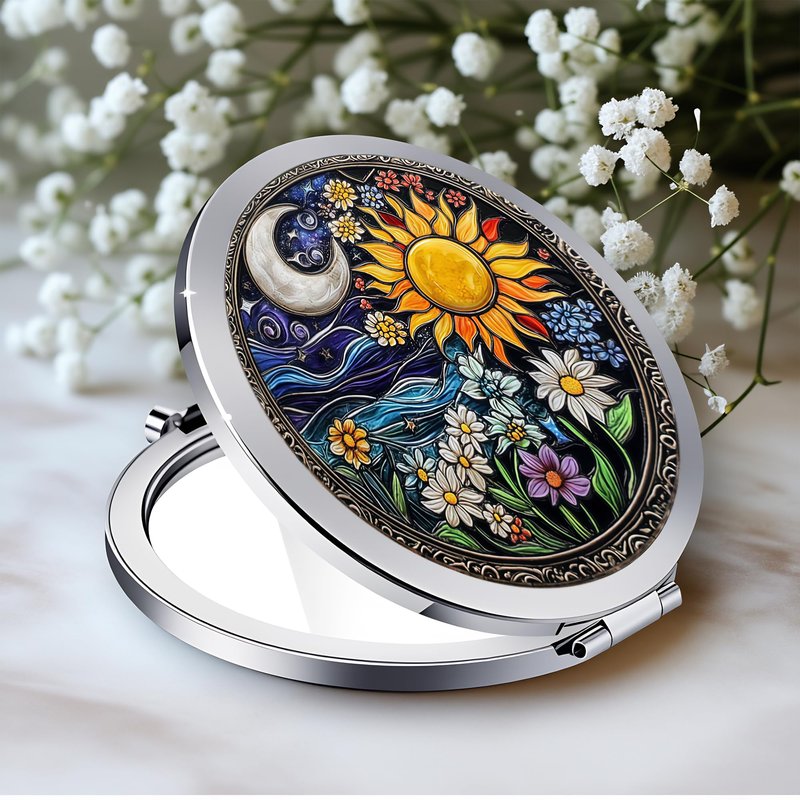 Silver Compact Mirror, 2.8x2.8inch Double-Sided Folding Makeup Mirror with Design, Ideal Gift for Women