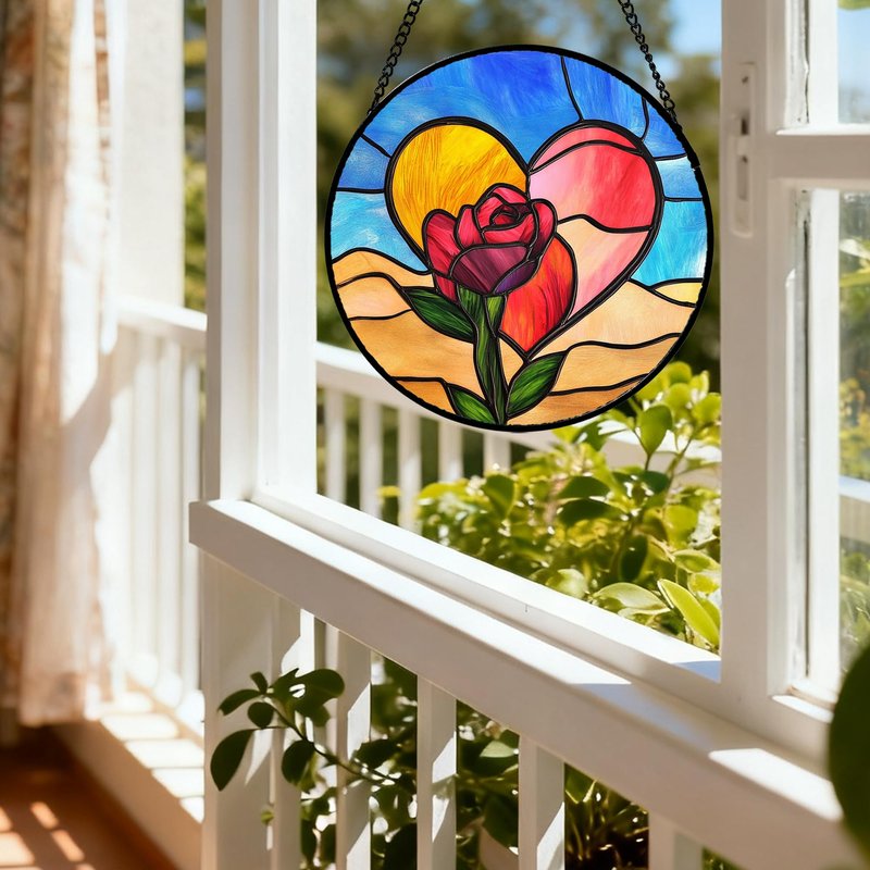 QZQCBLC Stained Glass Window Hanging Pink Heart Roses 7.8" - Suncatcher Door Garden Sun Catcher Home Decor Valentine Birthday Christmas for Mom Woman Lover Friends Wife Girl