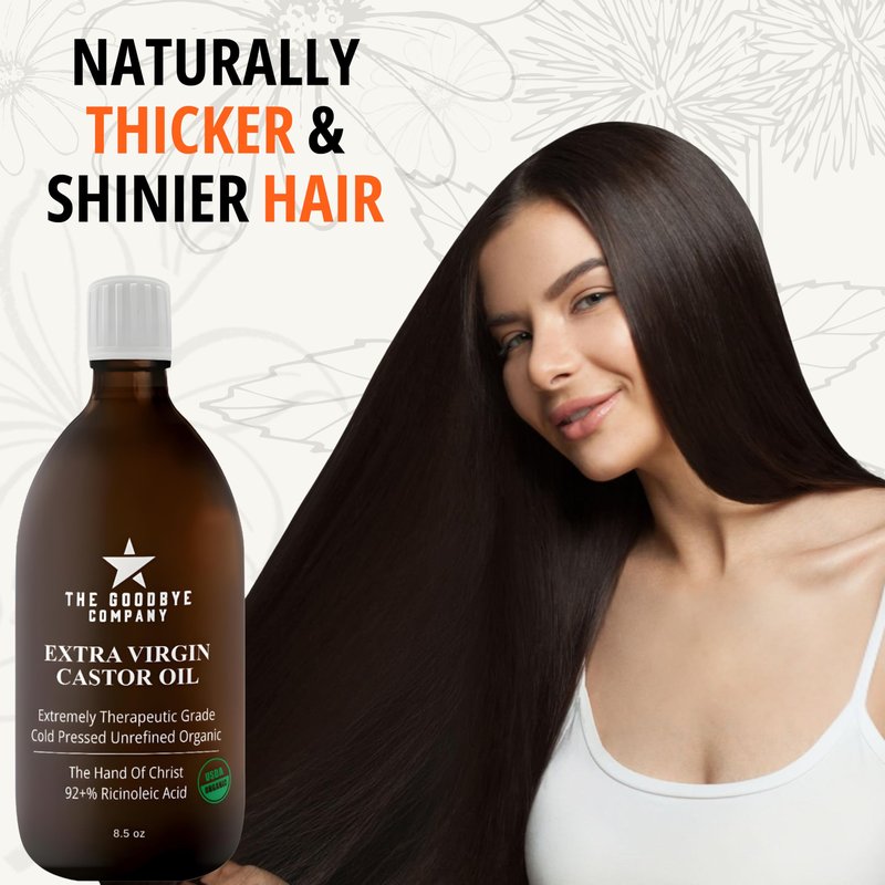 Goodbye Company USDA Organic Food Grade Cold-Pressed Castor Oil - 8.5 oz Glass Bottle, Hexane-Free, Extra Virgin, Small Batch Family Farm Ethically Sourced for Hair Growth, Digestion, Lashes, Brows