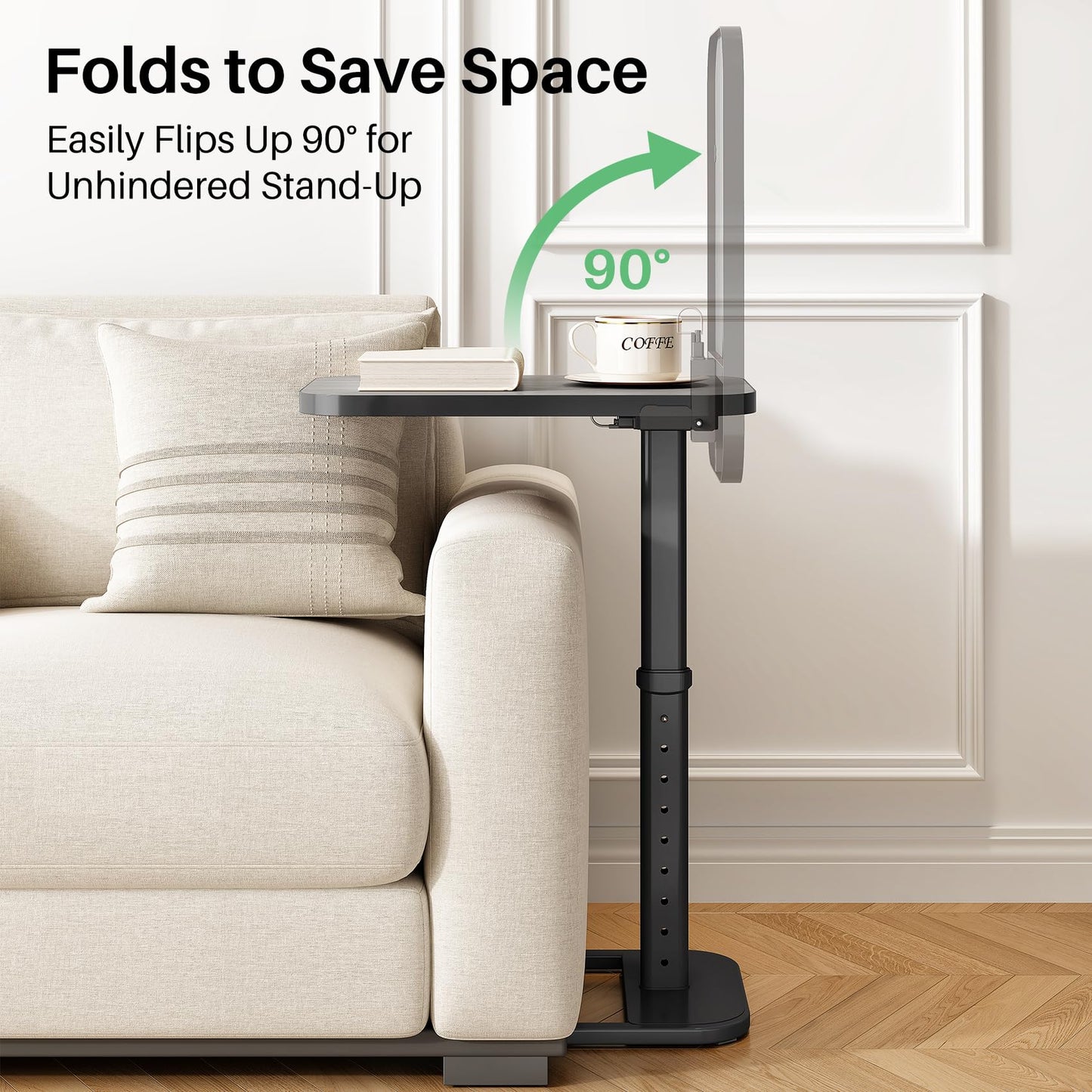 Kitstorack Upgraded TV Tray Table with Panel Lock, 90° Flip-Over Design & Adjustable Height, Sofa Arm Side Table for Eating, Laptop, Couch, Bed, or Small Spaces, Dark Gray