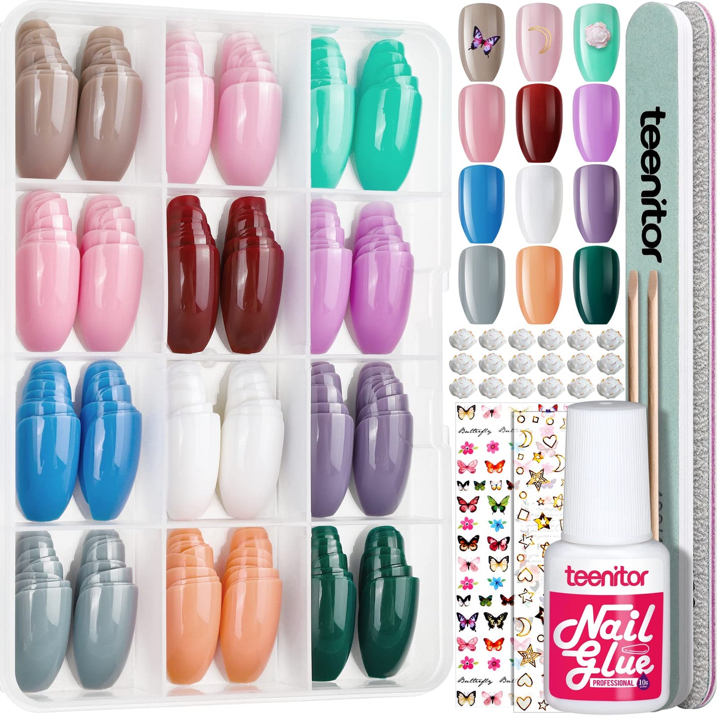 Teenitor Medium Coffin Press On Nails, 12 Color Press On Coffin Nails Set, 288pcs Glossy Glue On Nails Medium Length Press On Nails with Glue