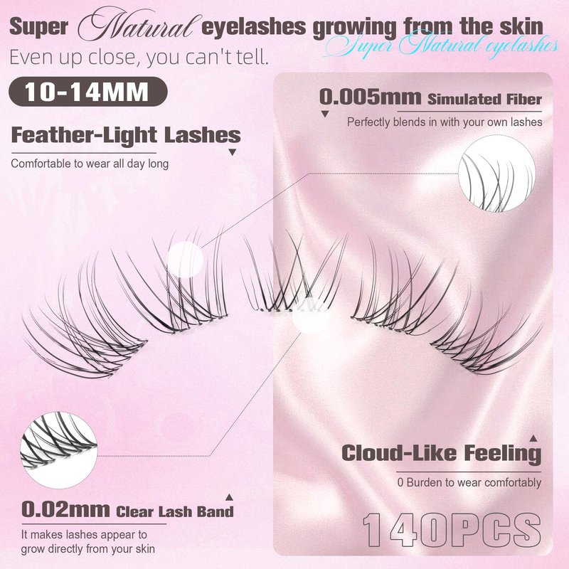 Natural Lash Clusters 10-14MM Short Eyelash Clusters Wispy Cluster Lashes Invisible Band Cluster Eyelash Extensions C Curl Individual Lashes for Clean Girl Make Up