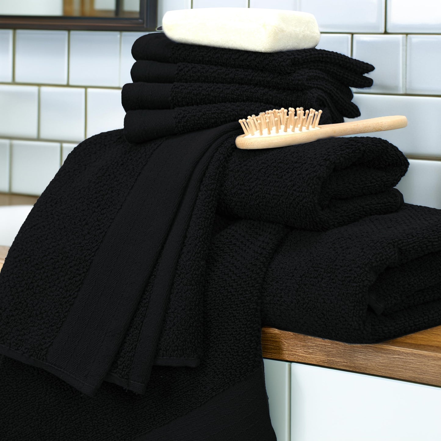 Tens Towels Pack of 8 Popcorn Textured Luxury Towels Set, 2 Extra Large Bath, 2 Hand, 4 Washcloths, 100% Cotton, Plush Hotel Quality, Super Absorbent, Perfect for Your Bathroom, Black