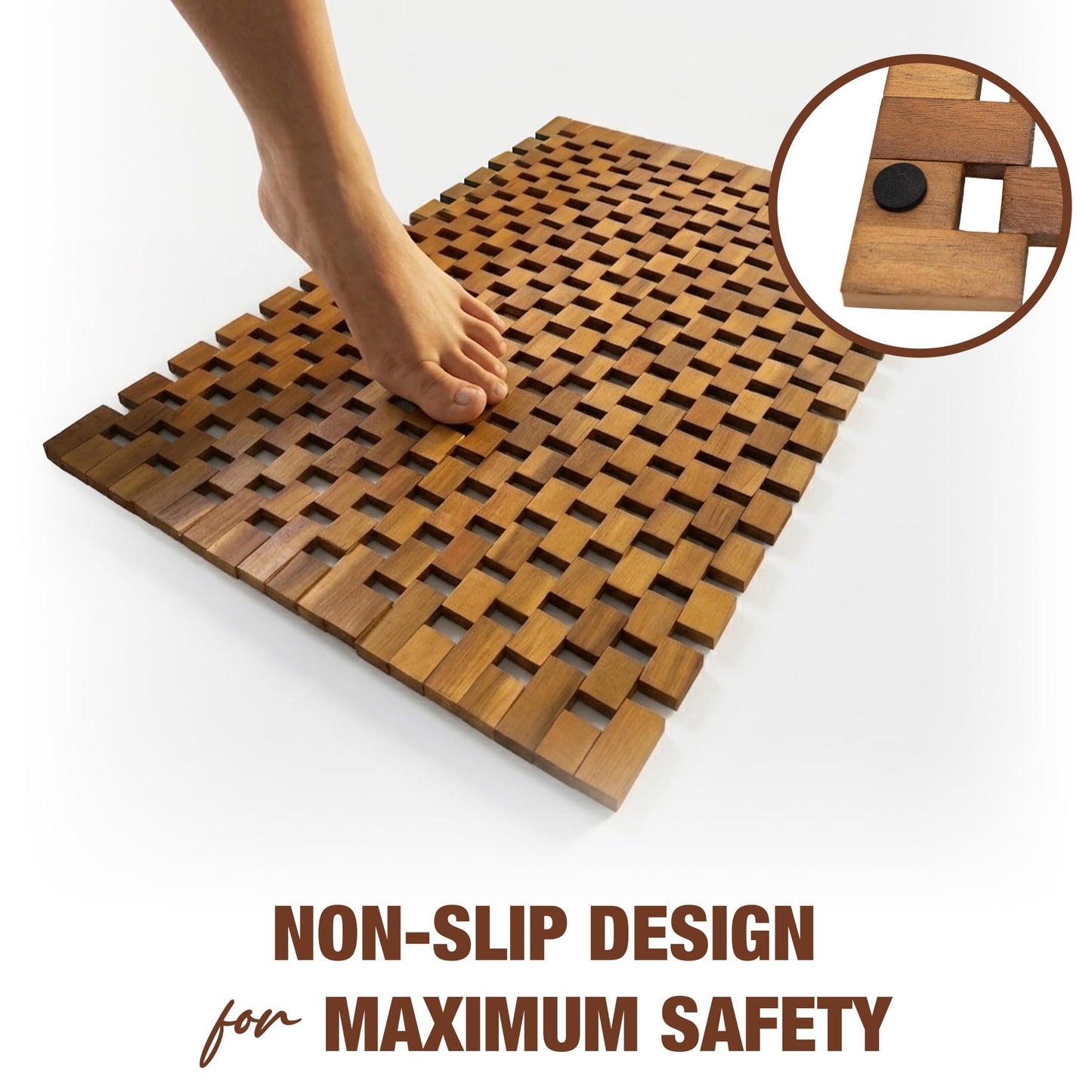 Acacia Wood Bath Mat - Non Slip Sturdy Wooden Bathroom Mat - Large Outdoor Shower Mat for Indoor & Outdoor Shower, Spa, Sauna, Cold Plunge, Camping 16" x 24"