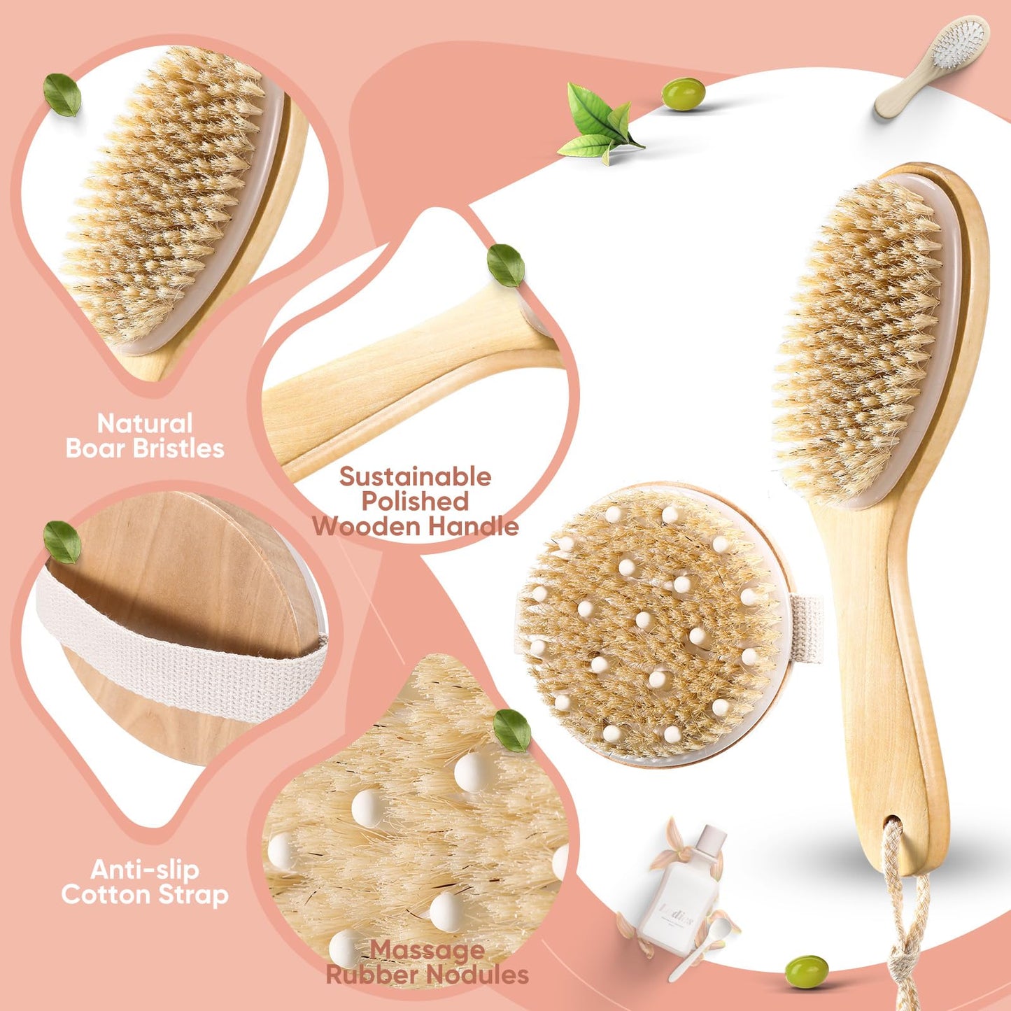 Lineshading 4 Pcs Dry Brushing Body Brush for Lymphatic Drainage Vegan Dry Brush with Wood Therapy Massage Lymphatic Drainage Tool Gua Sha Anti Cellulite Body Sculpting Sensitive Skin Exfoliation…