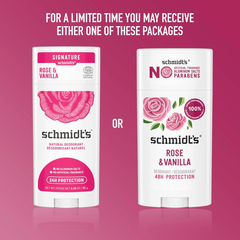 Schmidt's Aluminum-Free Vegan Deodorant Rose & Vanilla with 24 Hour Odor Protection for Women and Men, Natural Ingredients, Cruelty-Free, 2.65 oz