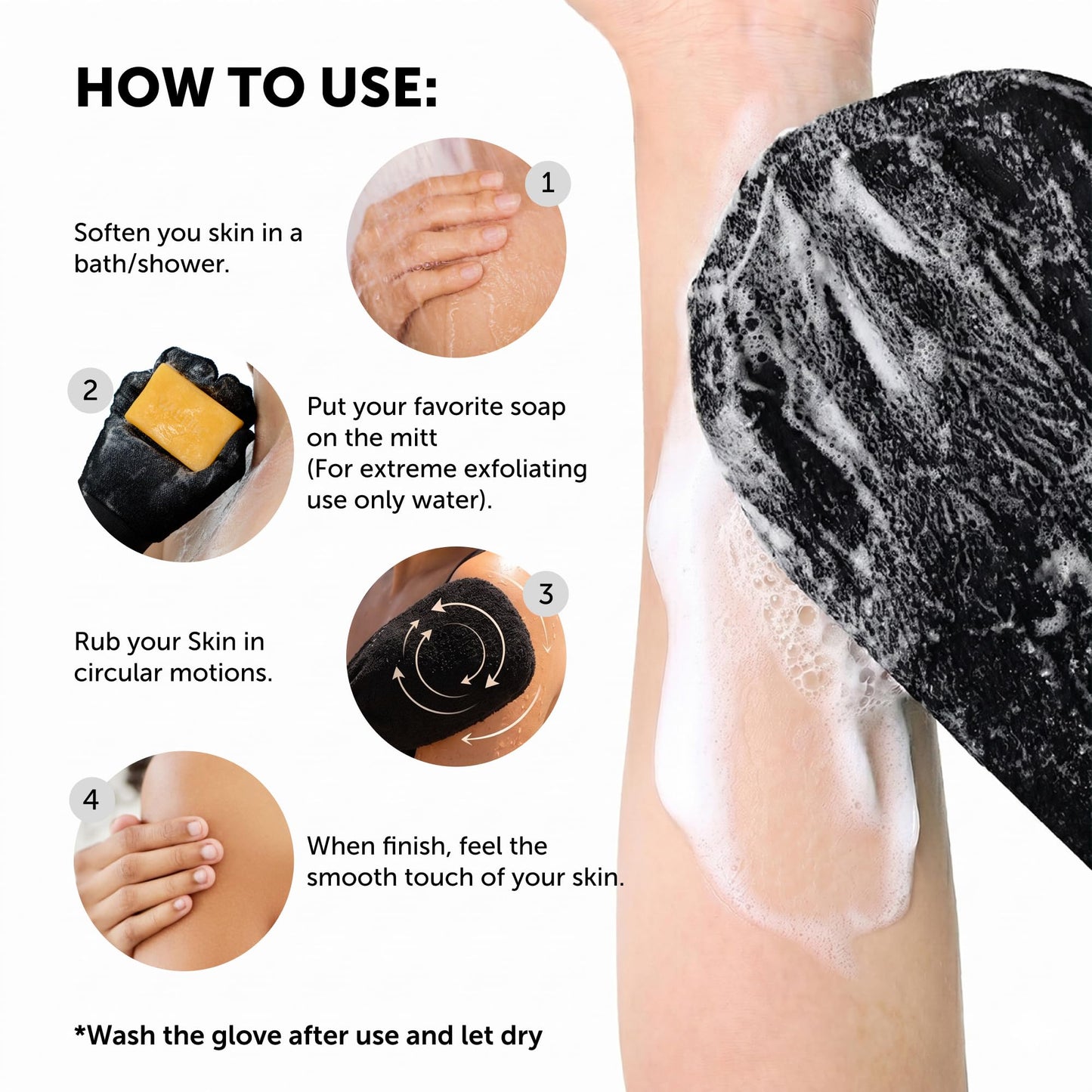 Valitic Exfoliating Glove Body Scrubber - Exfoliating Mitt Dead Skin Remover, Shower Face and Body Exfoliator - Korean Style Skin Scrubber Washcloth - Spray and Self Tan Remover, 1 Black
