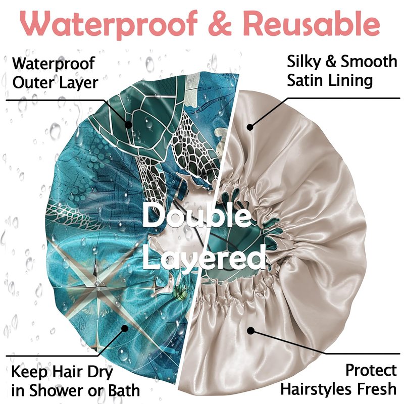Cabreche Luxury Shower Cap Satin Silk Lined Adjustable Elastic Reusable Waterproof Shower Bath Cap Cute for Women Girls-Sea Turtle