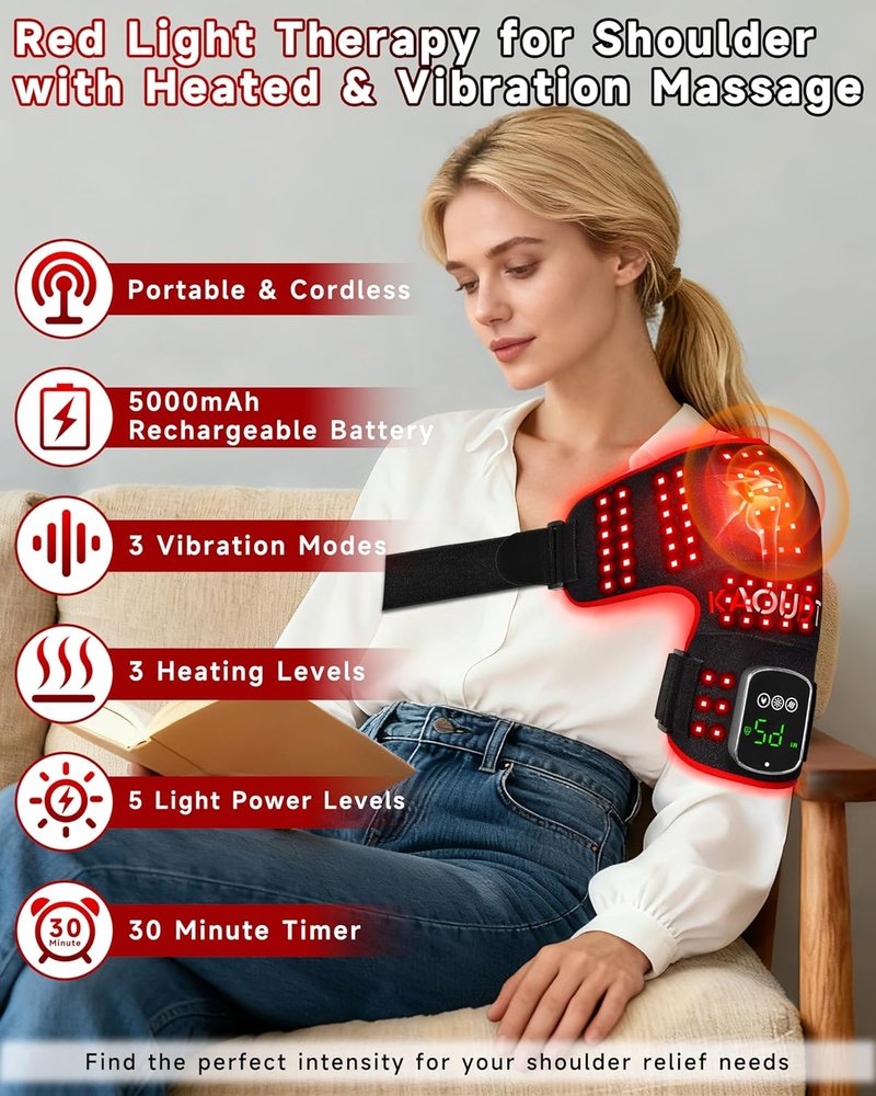 Cordless Red Light Therapy Shoulder Massager - Vibration & Heated, 5000mAh Rechargeable, 660nm & 850nm Infrared