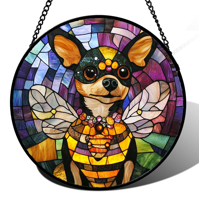 QZQCBLC Stained Glass Window Hanging Cute Bee Dog 6.3" - Black Yellow Suncatcher Door Terrace Garden Sun Catcher Home Decor Birthday Christmas for Mom Men Woman Wife Friend