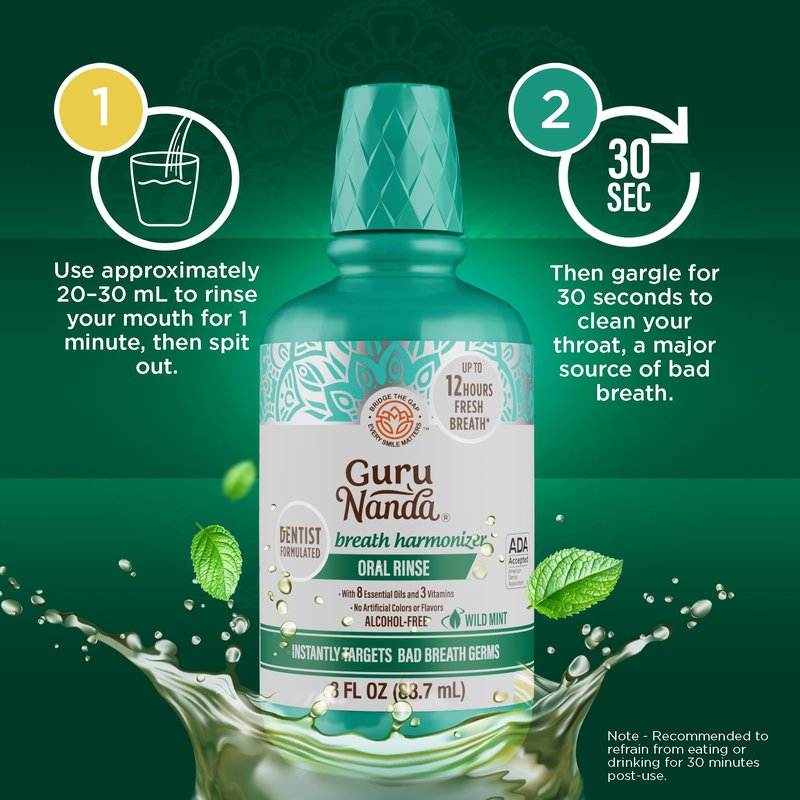 GuruNanda Fresh Breath Travel Mouthwash – 12-Hour Fresh Breath & Helps Fight Bad Breath – ADA Accepted, Alcohol & Fluoride-Free Oral Rinse, TSA Friendly – Wild Mint, 3 oz