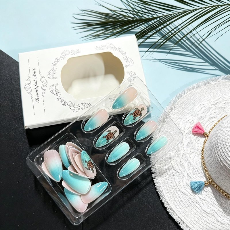 GCSQW Summer Press on Nails Medium Almond, Gradient Green Ocean Fake Nails with Turtle Designs Glossy Acrylic Nails Press ons, 24Pcs Reusable Stick on Nails for Women Manicure