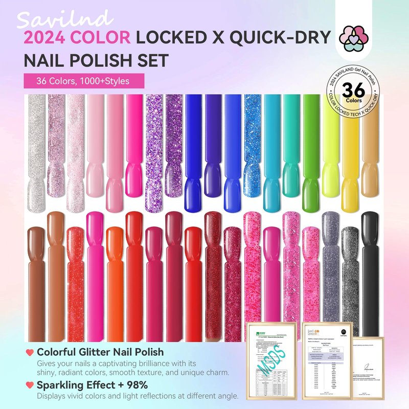 SAVILAND Nail Polish Set Air-Dry: 36+3 Colors Nail Polish Kit Red Pink Blue Glitter Regular Nails Polish with Base Top Coat Nail Lacquer Acrylic Nail Set for Beginner Home Salon DIY Gift