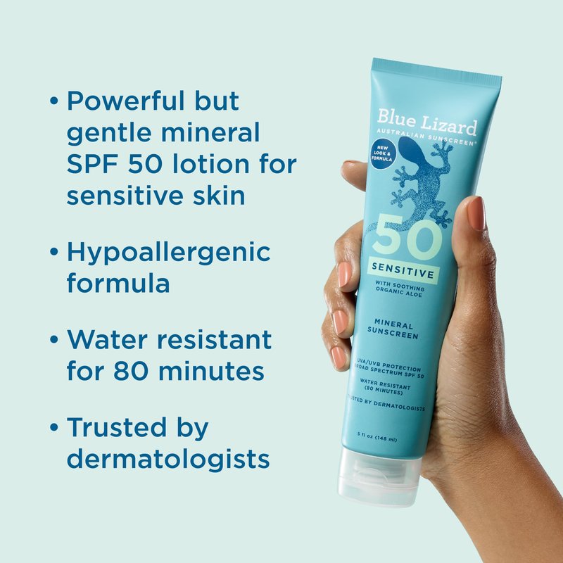 Bundle of BLUE LIZARD Sensitive Mineral Sunscreen with Zinc Oxide Sensitive, SPF 50 5 Fl Oz + 3-Pack Blue Lizard Mineral SPF 15 Lip Balm:Natural Coconut Flavor, Each Tube 0.13 oz.
