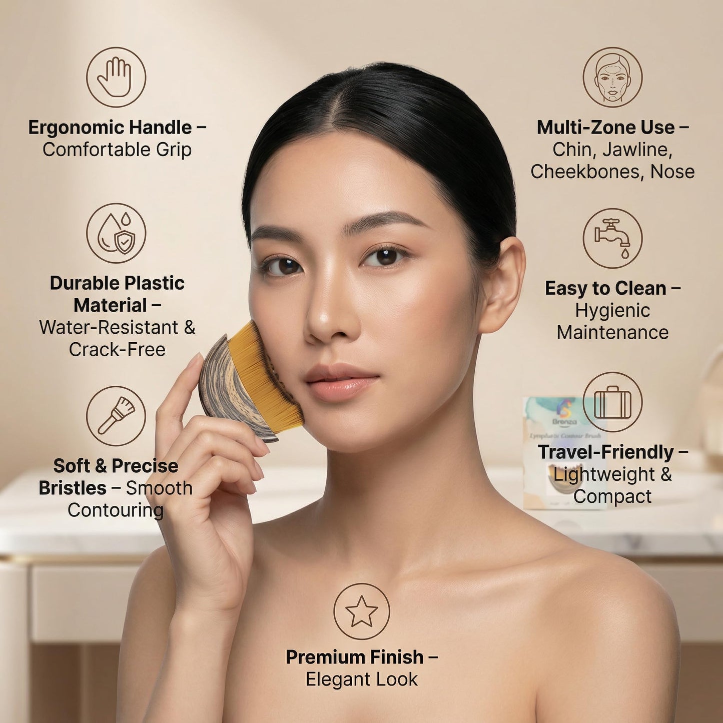 Brenza Lymphatic Contour Face Brush – Facial Sculpting Tool for Lymphatic Drainage & Depuffing, Face Massager for Jawline Definition, Facial Dry Brush Skincare Tool
