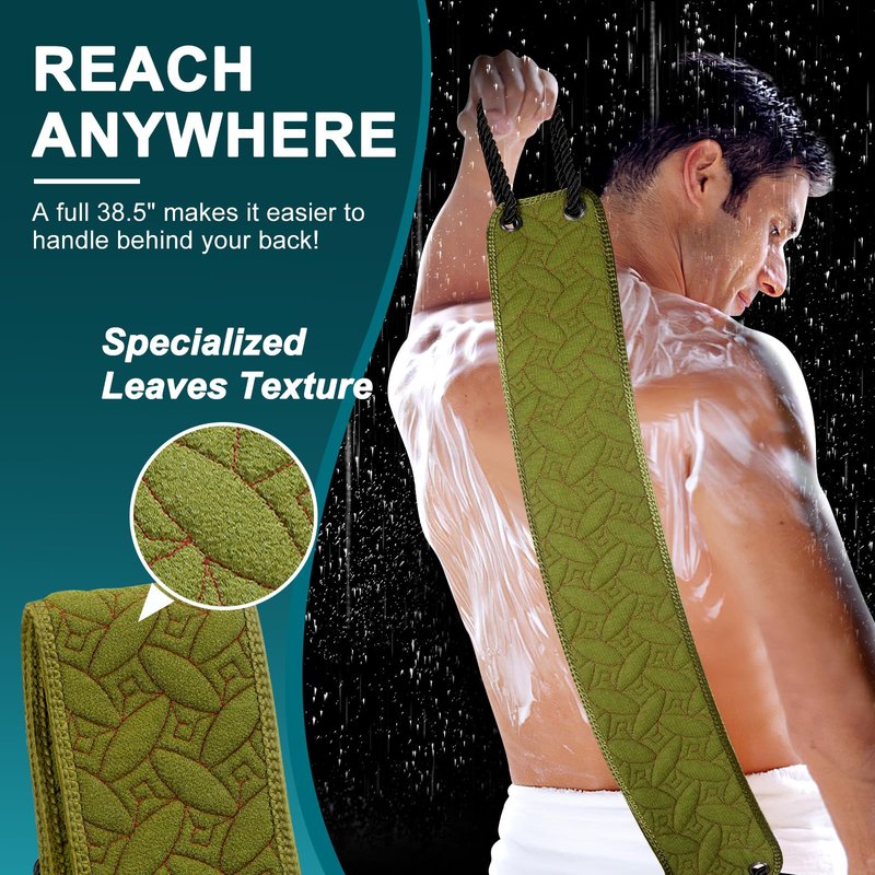 dodiff Exfoliating Back Scrubber for Use in Shower, 38.5 Inch Back Washer with Handles, Dual-Sided Body Exfoliator for Daily & Deep Skin Cleaning, Bath Back Scrub Washcloth for Men & Women (Green)