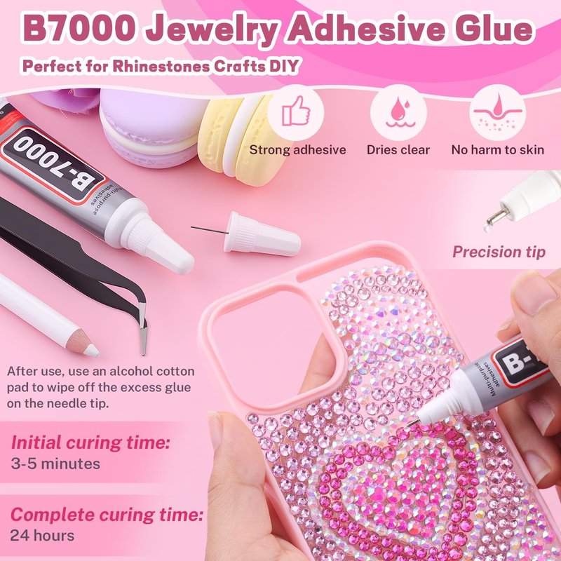 Skiennix 20000 Pcs Pink Rhinestones - Bedazzling Kit with B7000 Glue for DIY Crafts & Nail Art | Assorted Sizes 3-6mm