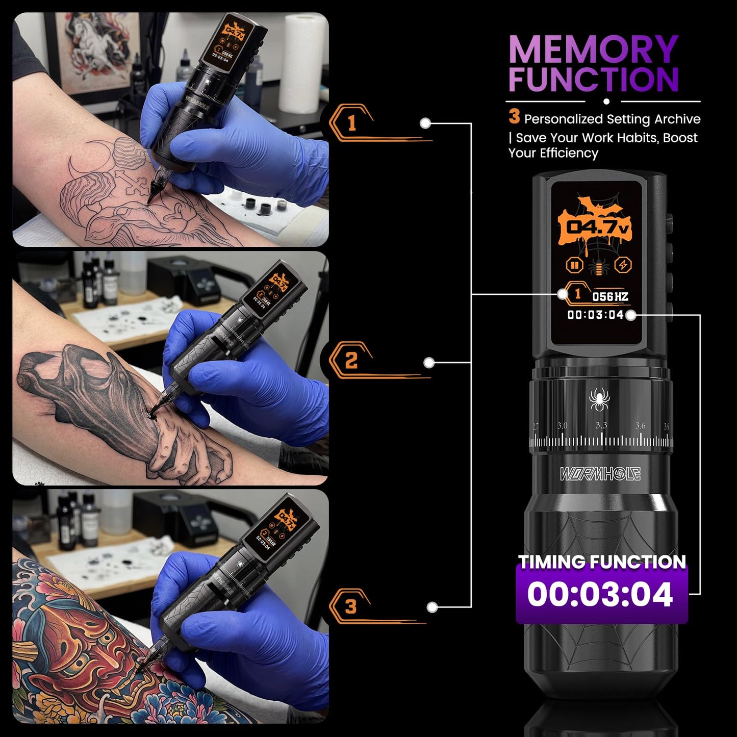Wormhole 2 PCS 2300mAh Batteries Tattoo Kit Wireless Tattoo Gun Kit with 7 Adjustable Strokes, Smart Display with 3 Memory Slots, 3 Working Modes, 2 Tattoo Inks for Lining & Shading WTK0256
