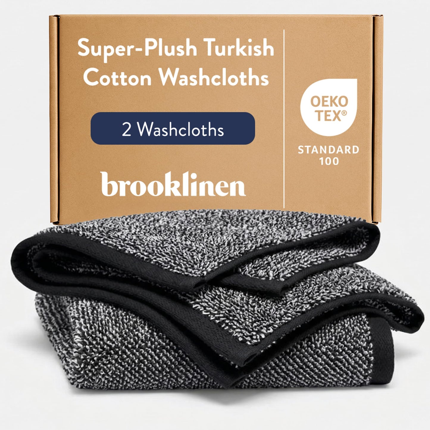 Brooklinen Super-Plush Turkish Cotton Washcloths - Set of 2 - Cotton, 820 GSM, Highly Absorbent, Machine Washable, Perfect for Home & Bathroom (13" x 13", Marled Black)