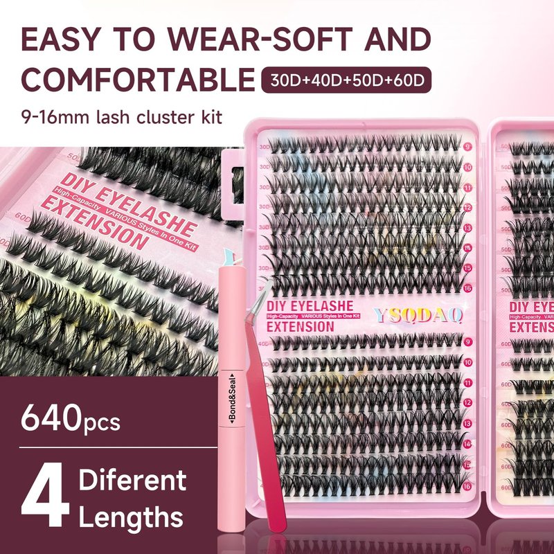DIY Lash Clusters Kit, 640 Pcs Lash Extension Kit 9-16mm Individual Lashes D Curl Fluffy Wispy False Eyelashes with Lash Bond and Seal, Lash Tweezers for Self Use (30D&40D&50D&60D, 0.07D, 9-16mm, Kit)