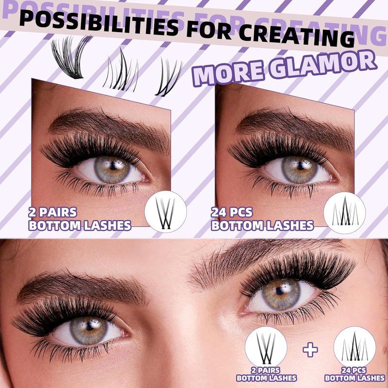 Eyelash Extension Kit - 50D D Curl Lash Clusters with Bottom Lashes | DIY 10-18mm Applicator Set