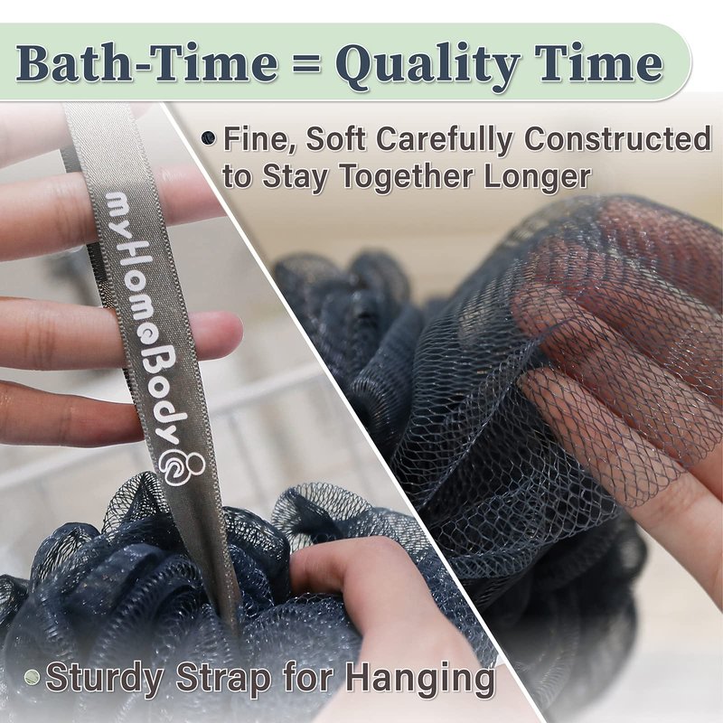 myHomeBody Large 70g Loofah Sponge, Body Scrubber, Bath Sponge, Loofah for Women, Men, Exfoliating Sponge Shower Pouf with Activated Charcoal - 3 Pack, 2 Navy Blue + 1 Sea Foam Green