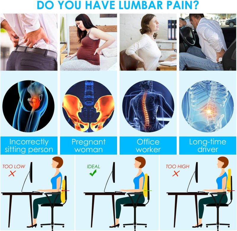Niceeday Lumbar Support Pillow - Memory Foam Back Cushion for Lower Back Pain Relief | Ergonomic Design