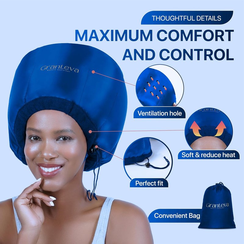 Granteva Hair Dryer Bonnet Attachment - Integrated Headband Reduces Heat Around Ears & Neck | Speeds Up Drying Time