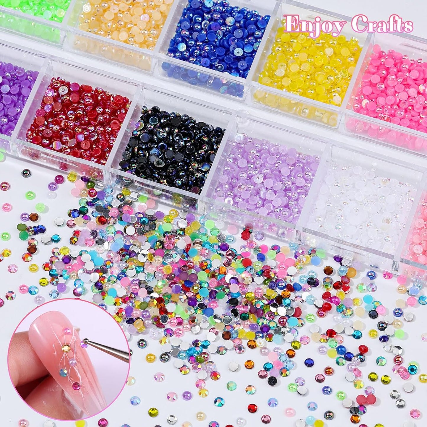 Skiennix Nail Art Rhinestones Kit - 6 Boxes of 2mm Mixed-Color Flatback Pearls with Tweezers & Brush