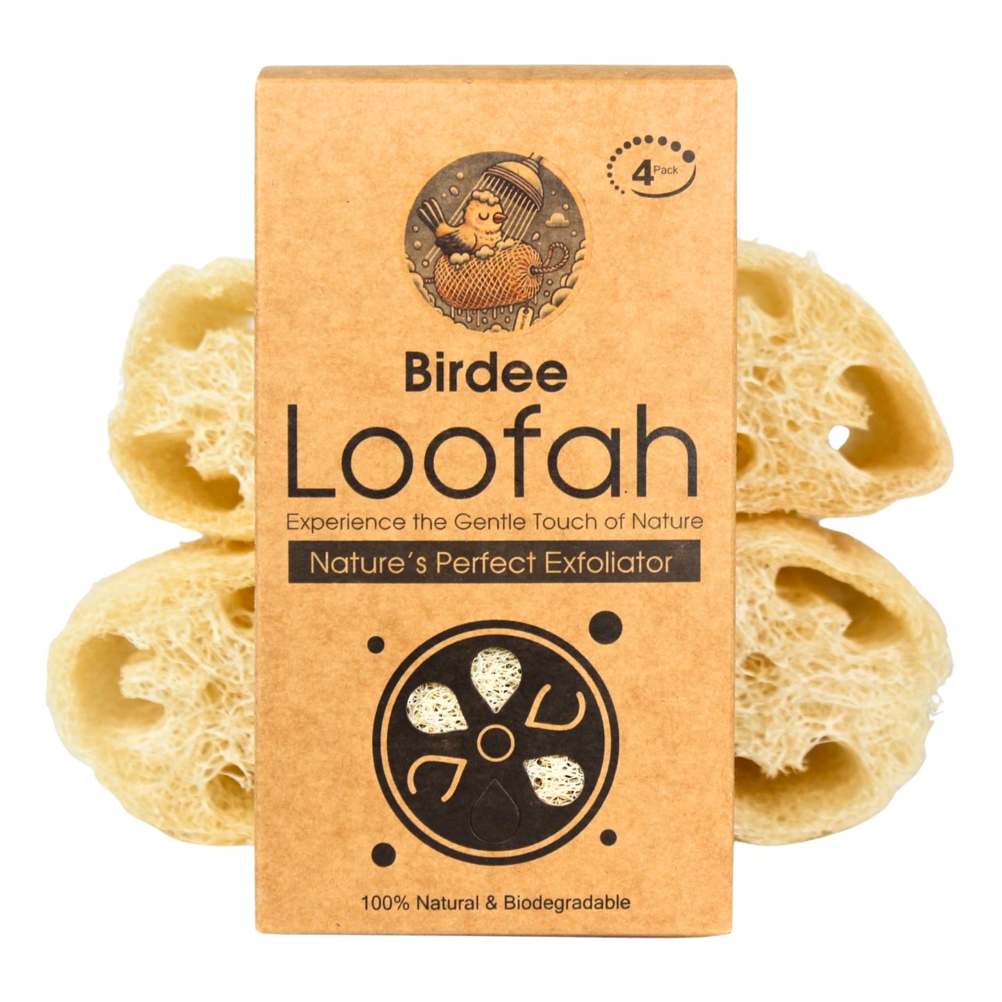 Birdee 100% Plant-Based Loofah Body Wash Sponge - Natural Luffa for Exfoliating and Radiant Skin, Hand-crafted in Vietnam, Pack of 4