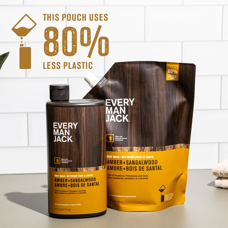 Every Man Jack Amber + Sandalwood Mens Body Wash Refill Starter Pouch - Cleanse, Nourish, and Hydrate Skin - Naturally Derived Ingredients - Paraben Free, Phthalate Free, Dye Free - (2-36oz pouches)