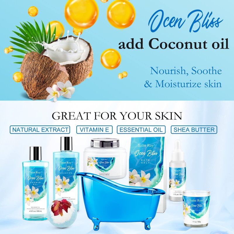 Father's Day Gifts for Women & Men Bath & Body Gift Set, Bath Basket Spa kit Gifts for Her Him Birthday Gift, Self-care Home Spa Kit, 8pcs Christmas Gift for Women Ocean Vanilla, Spa Gift Baskets