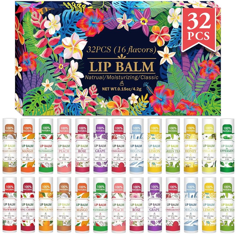 Natural Lip Balm Bulk - 32 Pack with Vitamin E & Coconut Oil | Moisturizing for Dry Lips - 16 Flavors