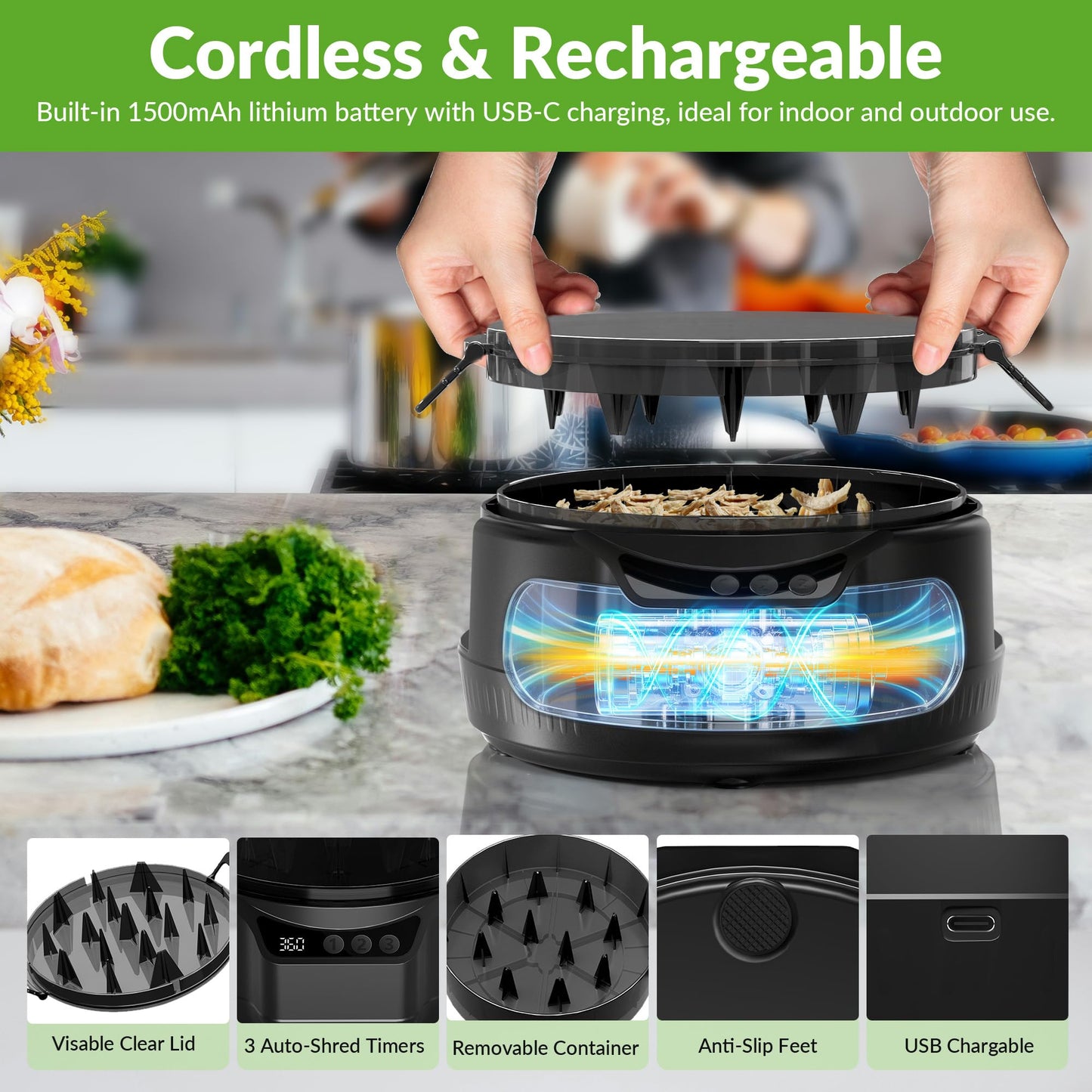 Electric Chicken Shredder, Rechargeable Automatic Meat Breast Shredder Tool Twist, Kitchen Grinder Machine with 3 Timer Modes, BPA Free for Pork, Beef, Chicken, Salads, Pet Food, Dishwasher Safe