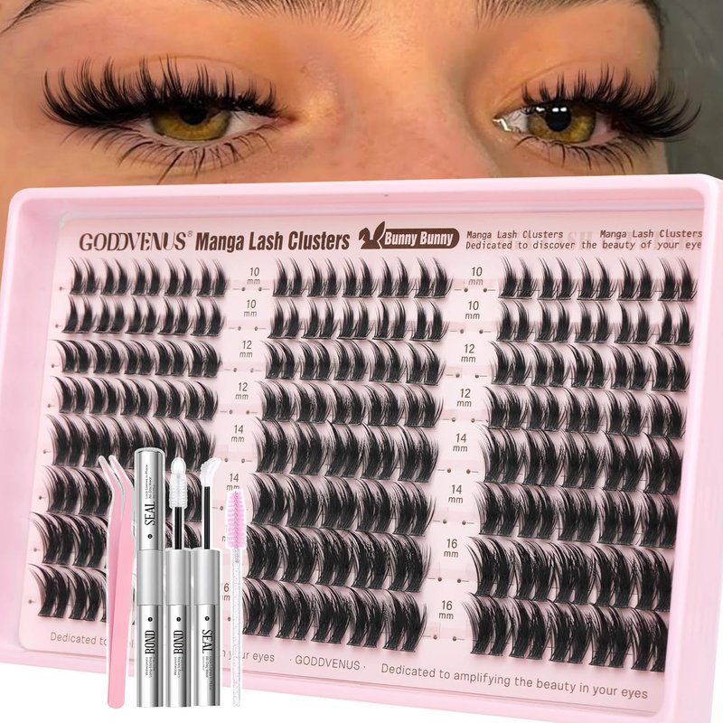 Skiennix Fluffy Manga Lash Clusters Kit - Natural Wispy Eyelash Extensions for DIY Anime Look | Waterproof Bond & Seal