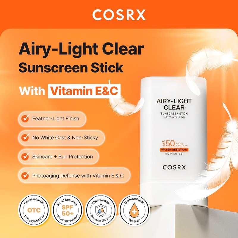 COSRX Airy-Light Clear Sunscreen Stick - SPF 50, No White Cast, Lightweight, Water-Resistant, 0.67 oz