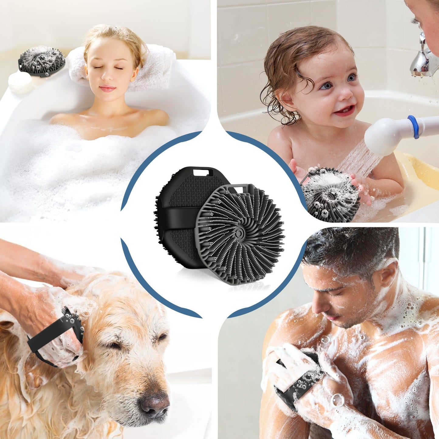 Silicone Body Scrubber, 2 PCS Exfoliating Body Scrubber, Silicone Loofah Bath Brush with Hand Strap, No-Slip Handheld Body Wash Brush Body Scrubbers Shower Cleaning for All Skin Types (Black & Grey)