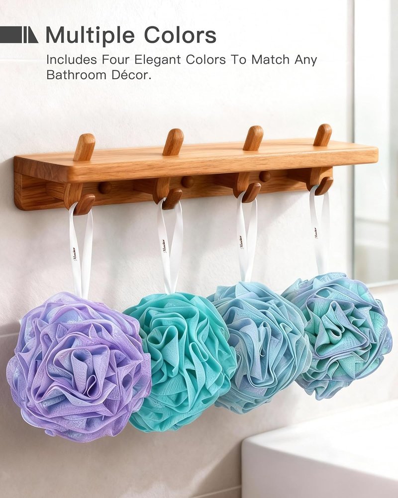 Loofah Bath Sponge | Large Exfoliating Flower Body Scrubber - Soft, Durable & Rich Lather | 4-Piece Set (Green-Blue)
