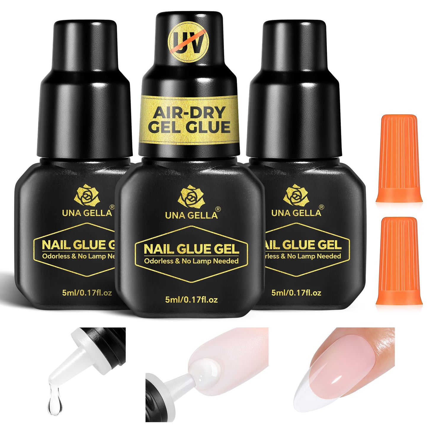 UNA GELLA Gel Nail Glue for Press Ons: 10s Fast Dry No U V Lamp Needed Glue Gel, 3pcs*5ml Upgrade Super Strong Nail Adhesive for Press on Nails, Nail Tips&Acrylic Nails-Maximum Strength, Long-Lasting