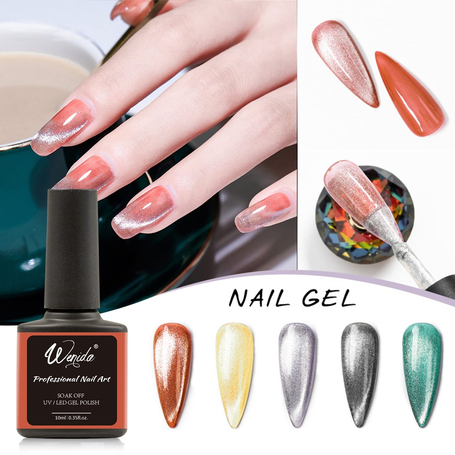 Wenida Nail Polish Cat Eye Holographic Glitter Sliver Magnetic Gel Polish Set 5 Jelly Base Colors UV LED Soak Off Gel Nail Varnish for Home DIY Nail Manicure Art with Magnet Stick